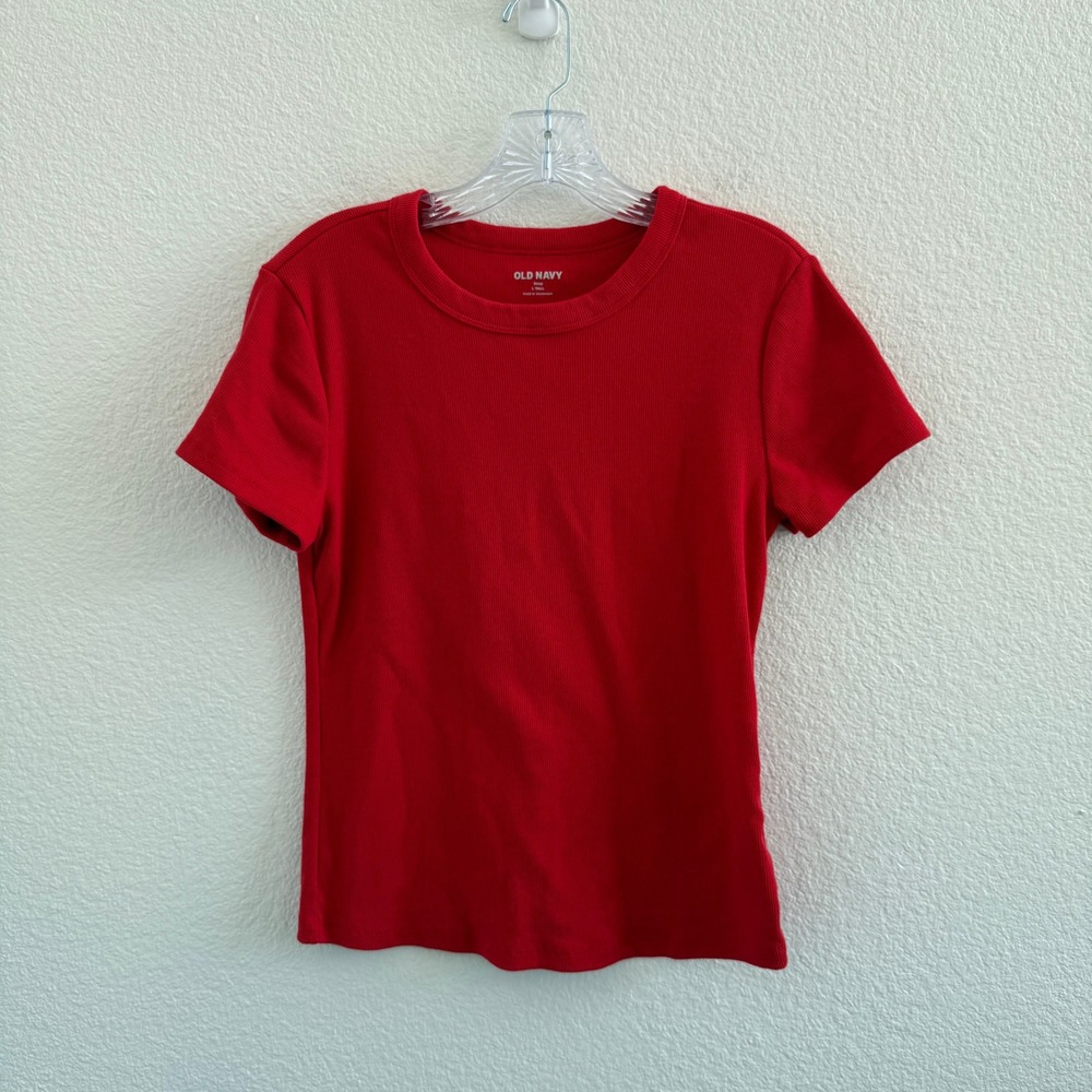 Old Navy Womens Red Ribbed Short Sleeve Crew Neck Snug Fit Tee Shirt L Tall
